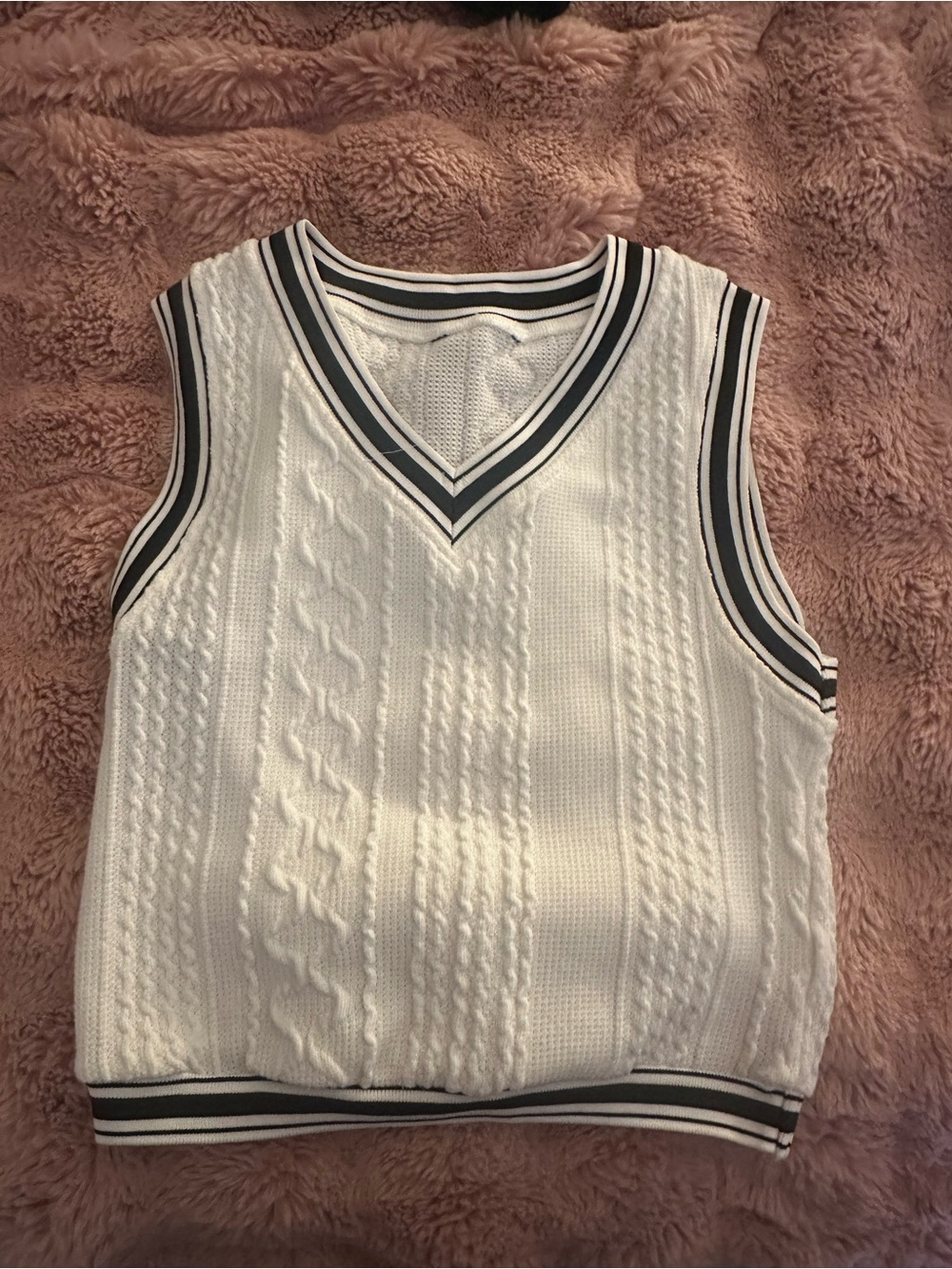 White Knit Cable V-Neck Sweater Vest with Black Trim
